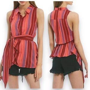 FREE PEOPLE Women's Floral Combo Stripe Mackenzie Wrap Button-Up Top Red/Pink